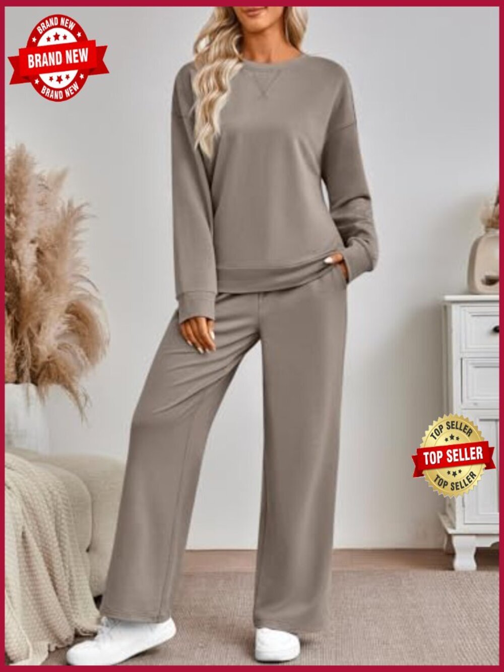 Womens 2 Piece Sweatsuit Set Oversized Top Wide Leg Pants Lounge - Picture 3 of 7